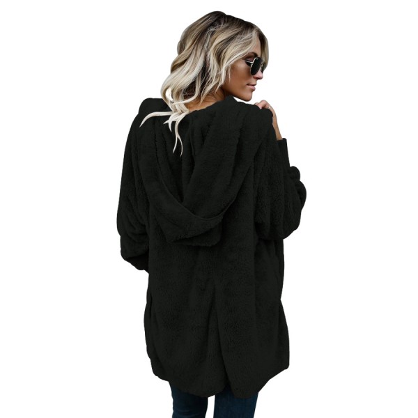 Black Soft Fleece Hooded Open Front Coat