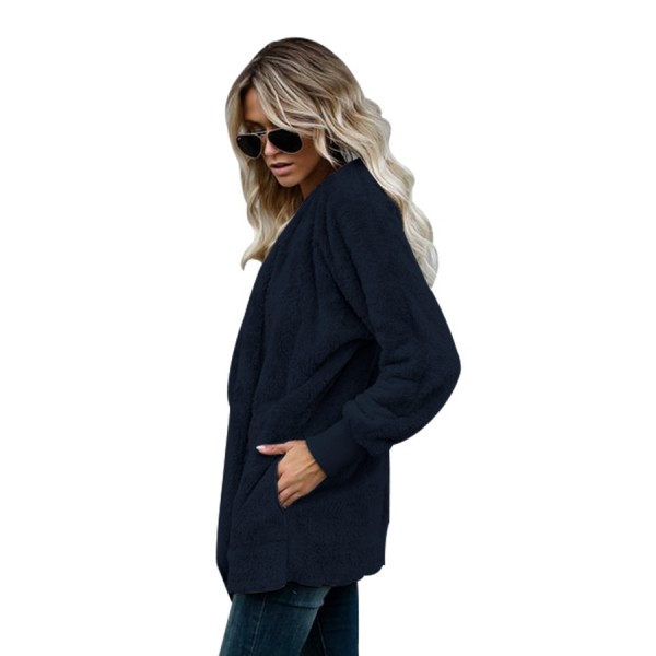 Blue Soft Fleece Hooded Open Front Coat