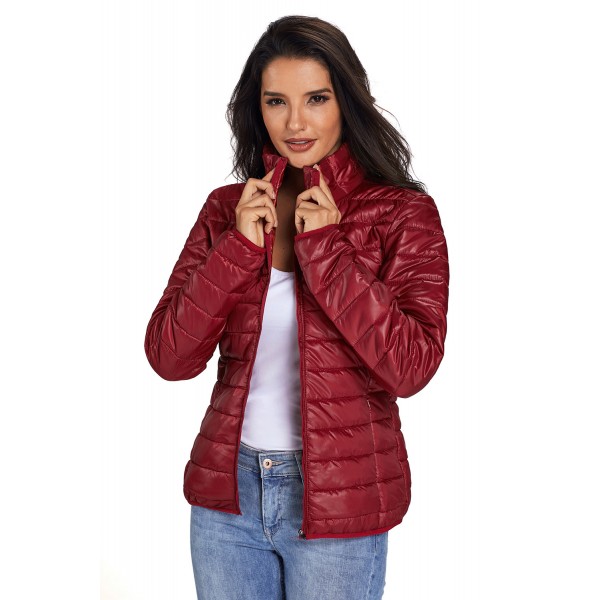 Wine High Neck Quilted Cotton Jacket