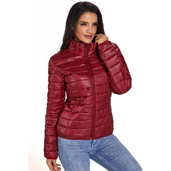 Wine High Neck Quilted Cotton Jacket
