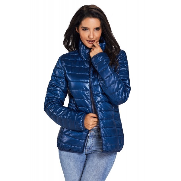 Blue High Neck Quilted Cotton Jacket