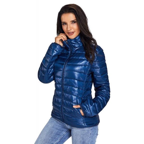 Blue High Neck Quilted Cotton Jacket