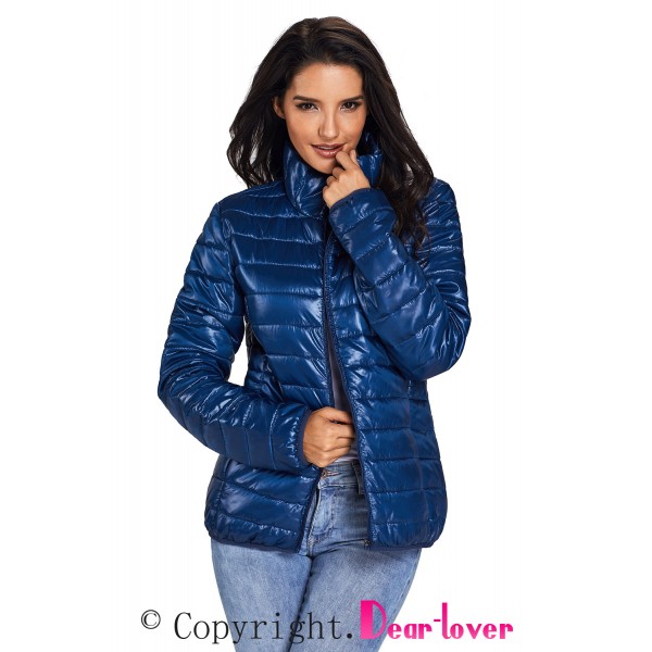 Blue High Neck Quilted Cotton Jacket