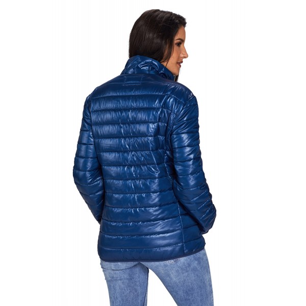 Blue High Neck Quilted Cotton Jacket