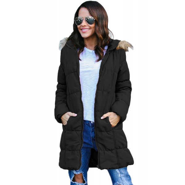 Black Fur Trim Hooded Long Quilted Coat