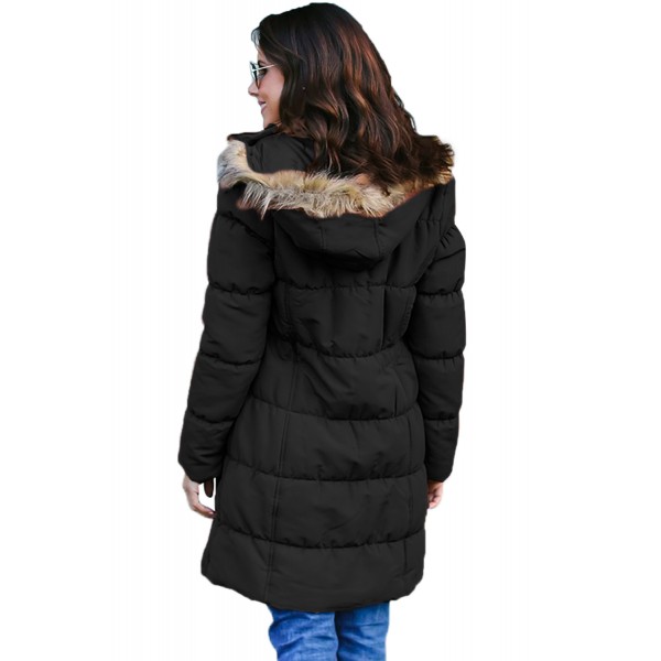 Black Fur Trim Hooded Long Quilted Coat