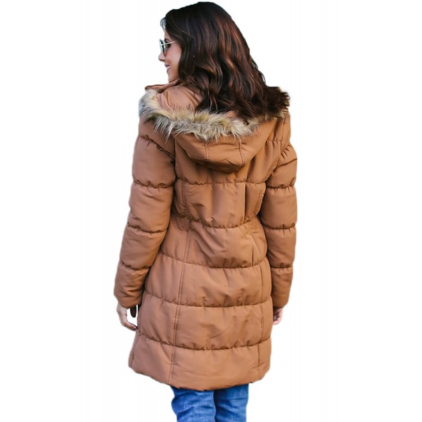 Camel Fur Trim Hooded Long Quilted Coat