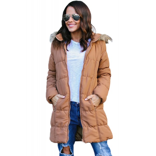 Camel Fur Trim Hooded Long Quilted Coat