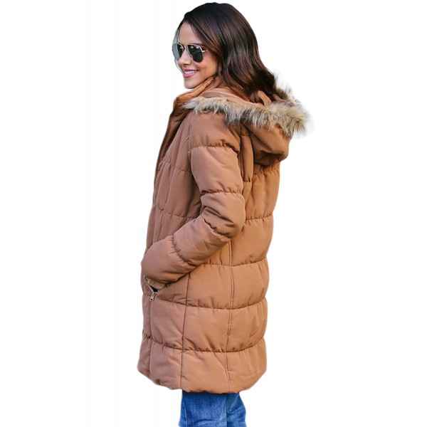 Camel Fur Trim Hooded Long Quilted Coat