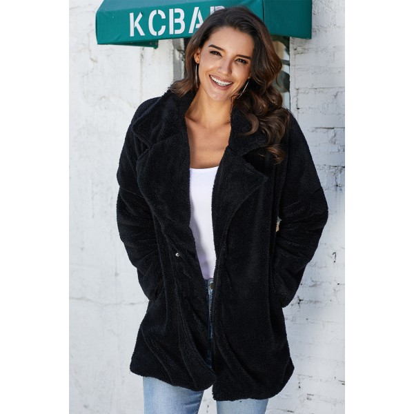 Black Pocketed Faux Fur Longline Coat
