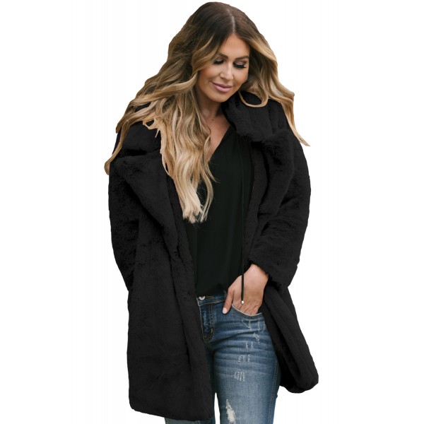 Black Pocketed Faux Fur Longline Coat