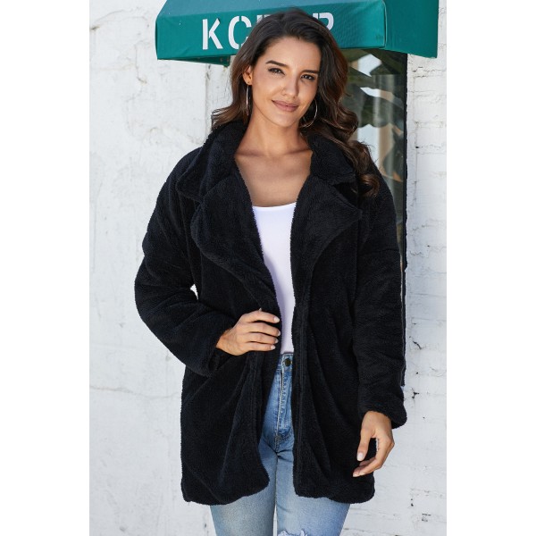 Black Pocketed Faux Fur Longline Coat