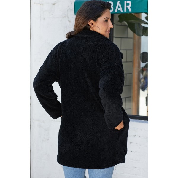 Black Pocketed Faux Fur Longline Coat