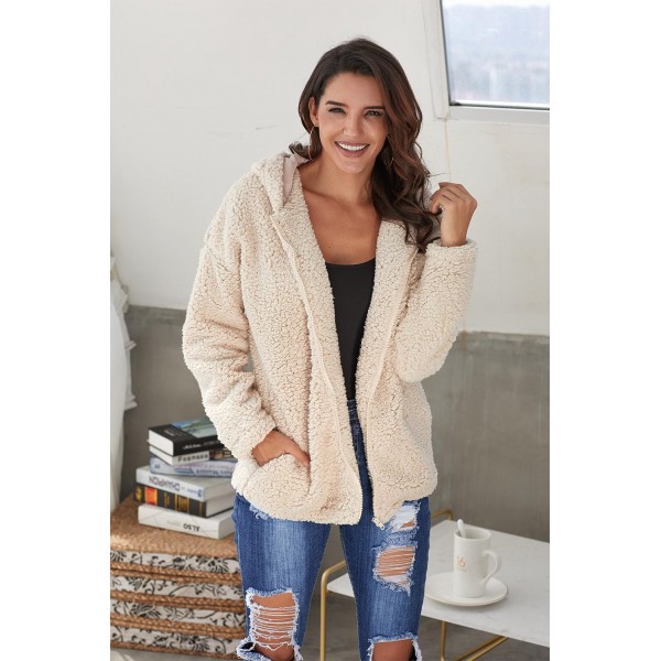 Khaki Zip Down Furry Hooded Jacket