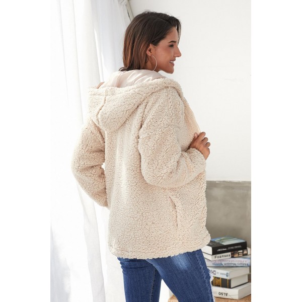 Khaki Zip Down Furry Hooded Jacket
