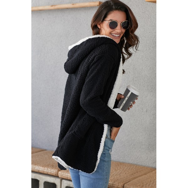 Black White Lam Wool Hooded Coat