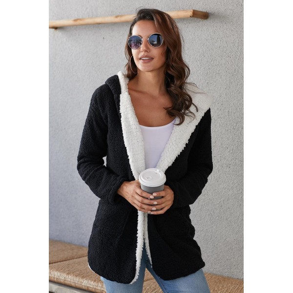 Black White Lam Wool Hooded Coat