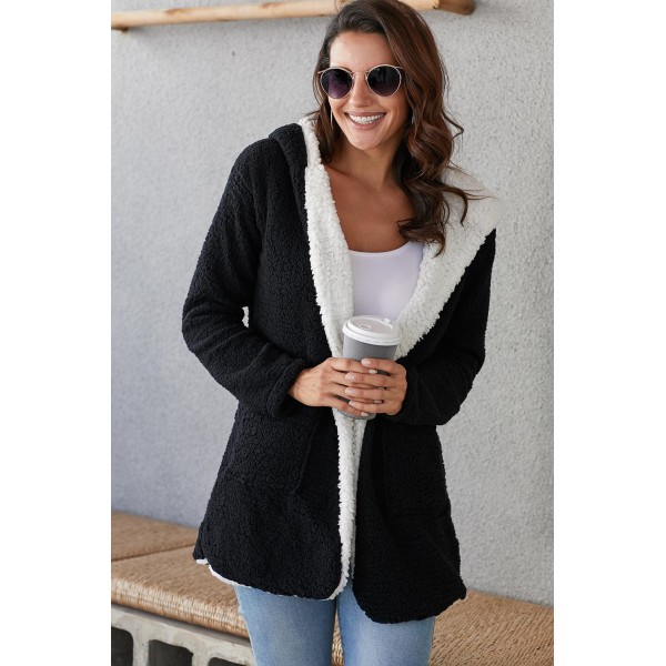 Black White Lam Wool Hooded Coat