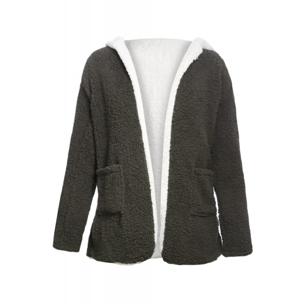 Dark Olive White Lam Wool Hooded Coat