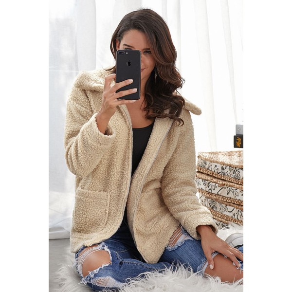 Camel Lamb Wool Zipped Chunky Coat