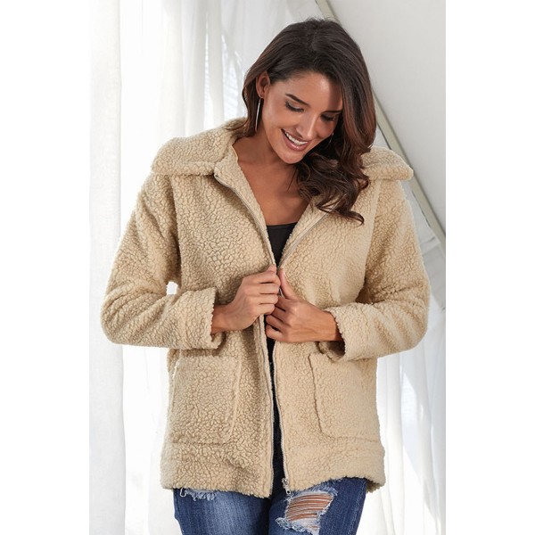 Camel Lamb Wool Zipped Chunky Coat
