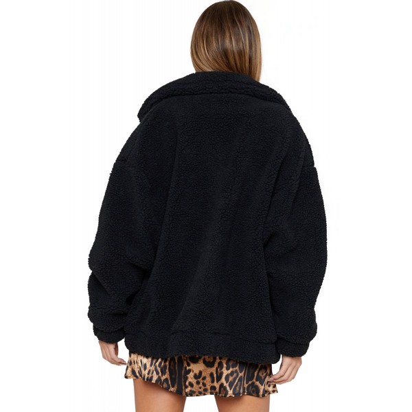 Black Lamb Wool Zipped Chunky Coat