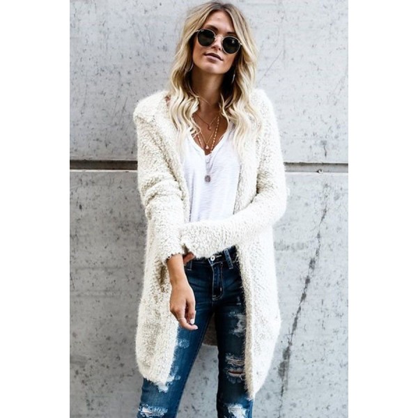 White Fluffy Hooded Open Front Cardigan