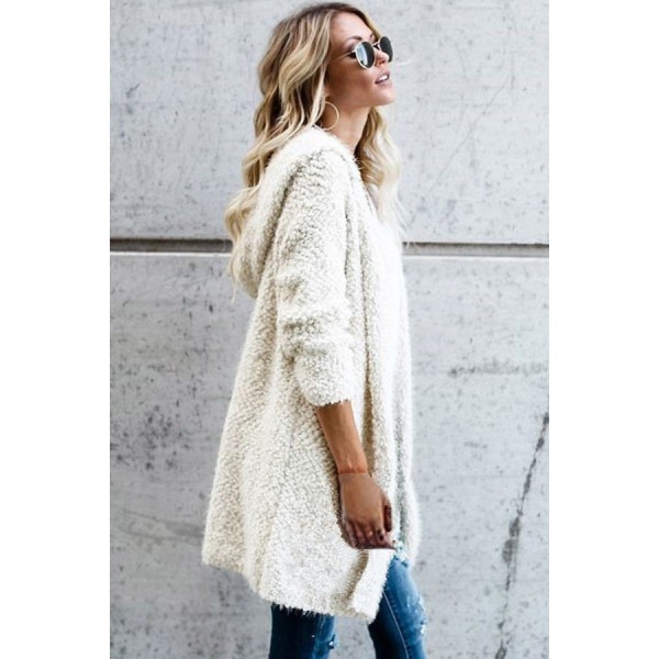 White Fluffy Hooded Open Front Cardigan