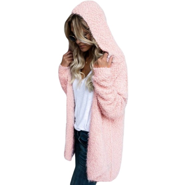 Pink Fluffy Hooded Open Front Cardigan