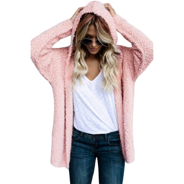 Pink Fluffy Hooded Open Front Cardigan