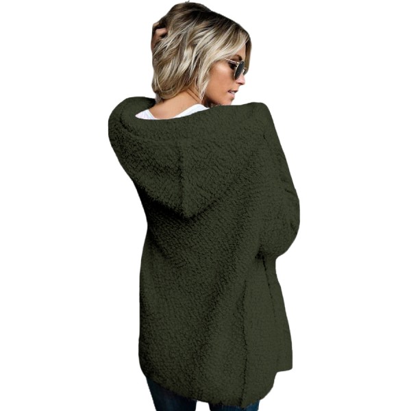 Army Green Fluffy Hooded Open Front Cardigan