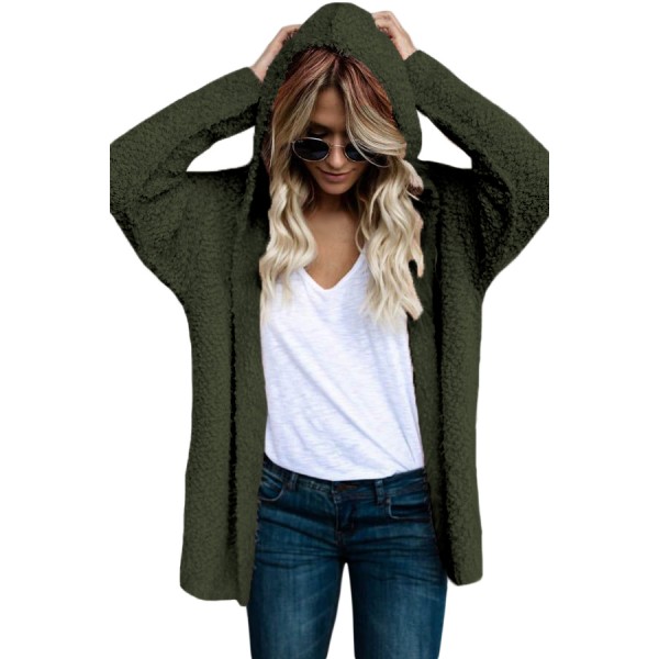 Army Green Fluffy Hooded Open Front Cardigan