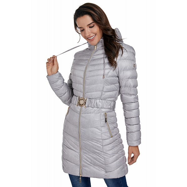 Gray Hooded Longline Winter Coat with Belt