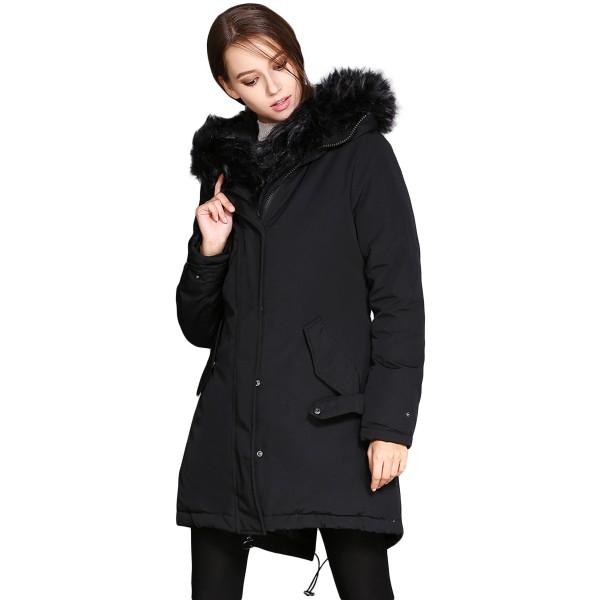 Fur Trim Hooded Black Parka Storm Coat