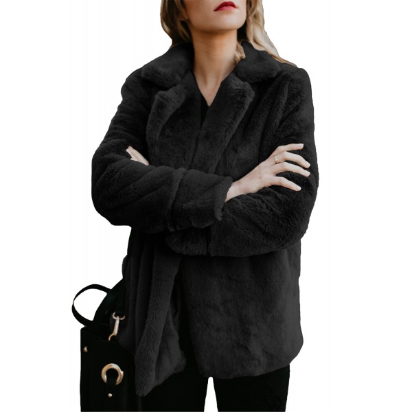 Black Pocket Style Fluffy Winter Coat