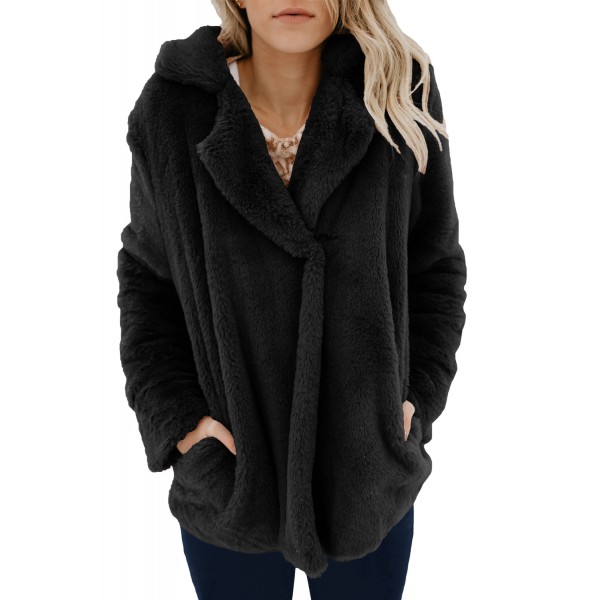 Black Pocket Style Fluffy Winter Coat