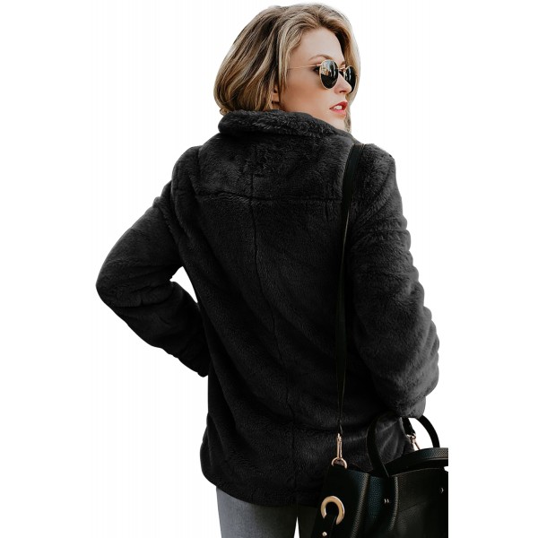 Black Pocket Style Fluffy Winter Coat