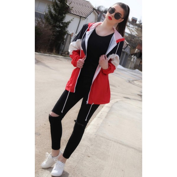 Red Hooded Triple Color Block Sporty Jacket
