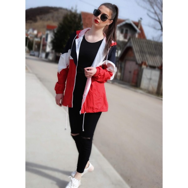 Red Hooded Triple Color Block Sporty Jacket