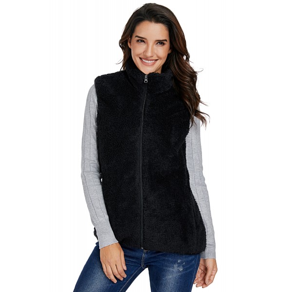 Black Furry High Neck Vest Jacket