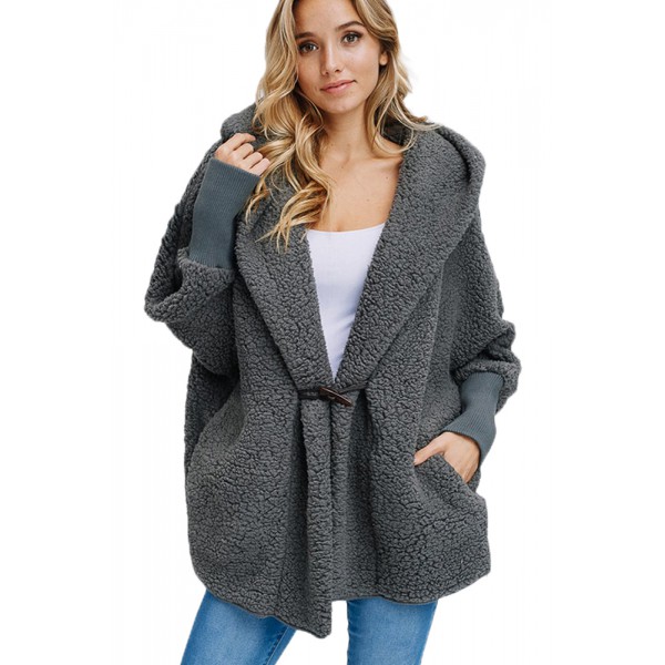 Gray Woolen Fur Horn Button Oversize Jacket