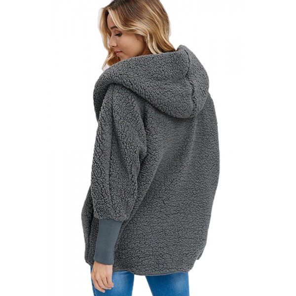 Gray Woolen Fur Horn Button Oversize Jacket
