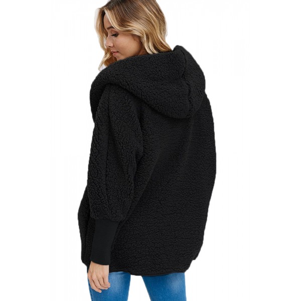 Black Woolen Fur Horn Button Oversize Jacket