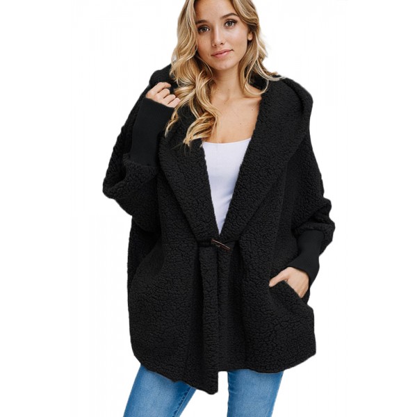 Black Woolen Fur Horn Button Oversize Jacket