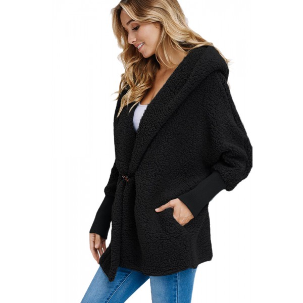 Black Woolen Fur Horn Button Oversize Jacket