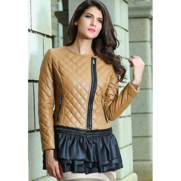 Stylish Khaki Collarless Quilted PU Womens Jacket