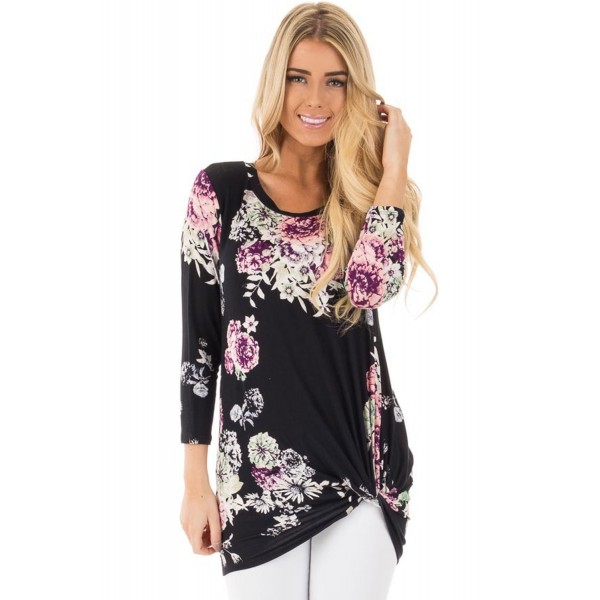 Black Long Sleeve Knotted Floral Print Blouse