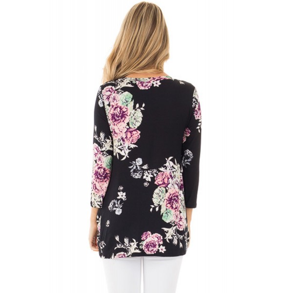 Black Long Sleeve Knotted Floral Print Blouse