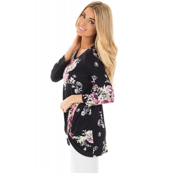 Black Long Sleeve Knotted Floral Print Blouse