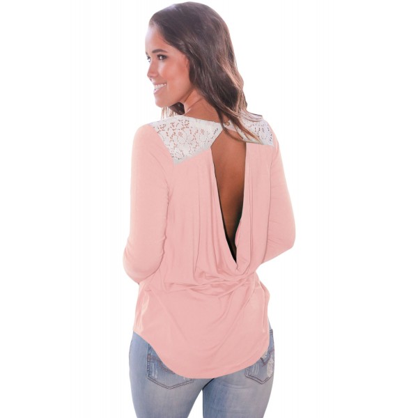 Pink Lace Shoulder Low Cut Back Top